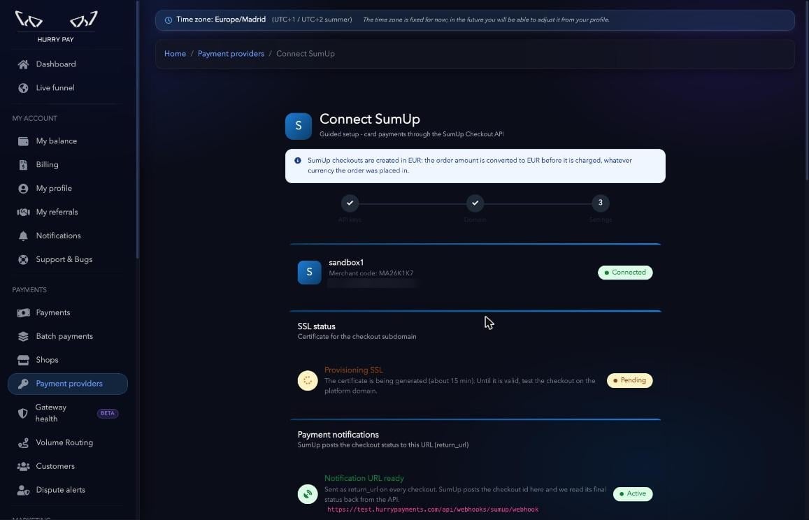 Estado de la conexión: cuenta conectada, SSL en provisión y notificaciones activas