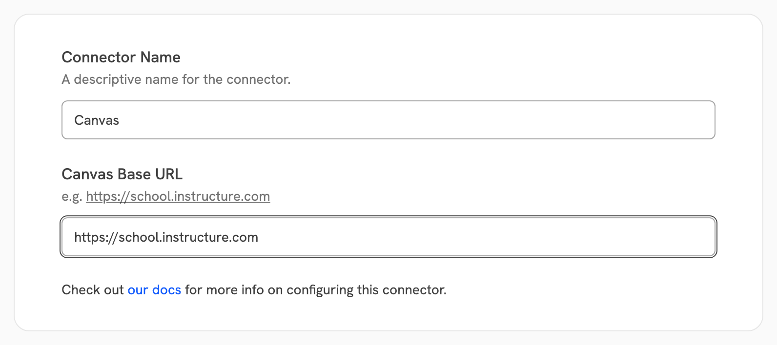 Canvas connector form with a connector name and the Canvas base URL