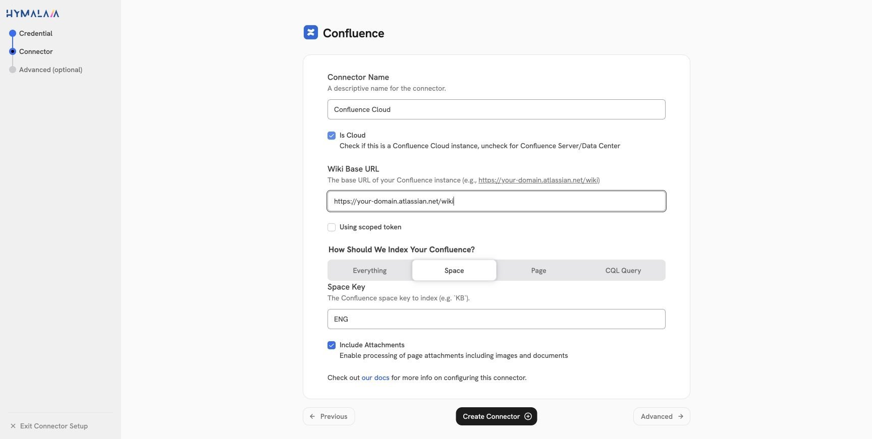 A Confluence Cloud connector configured in Hymalaia with an unscoped
token