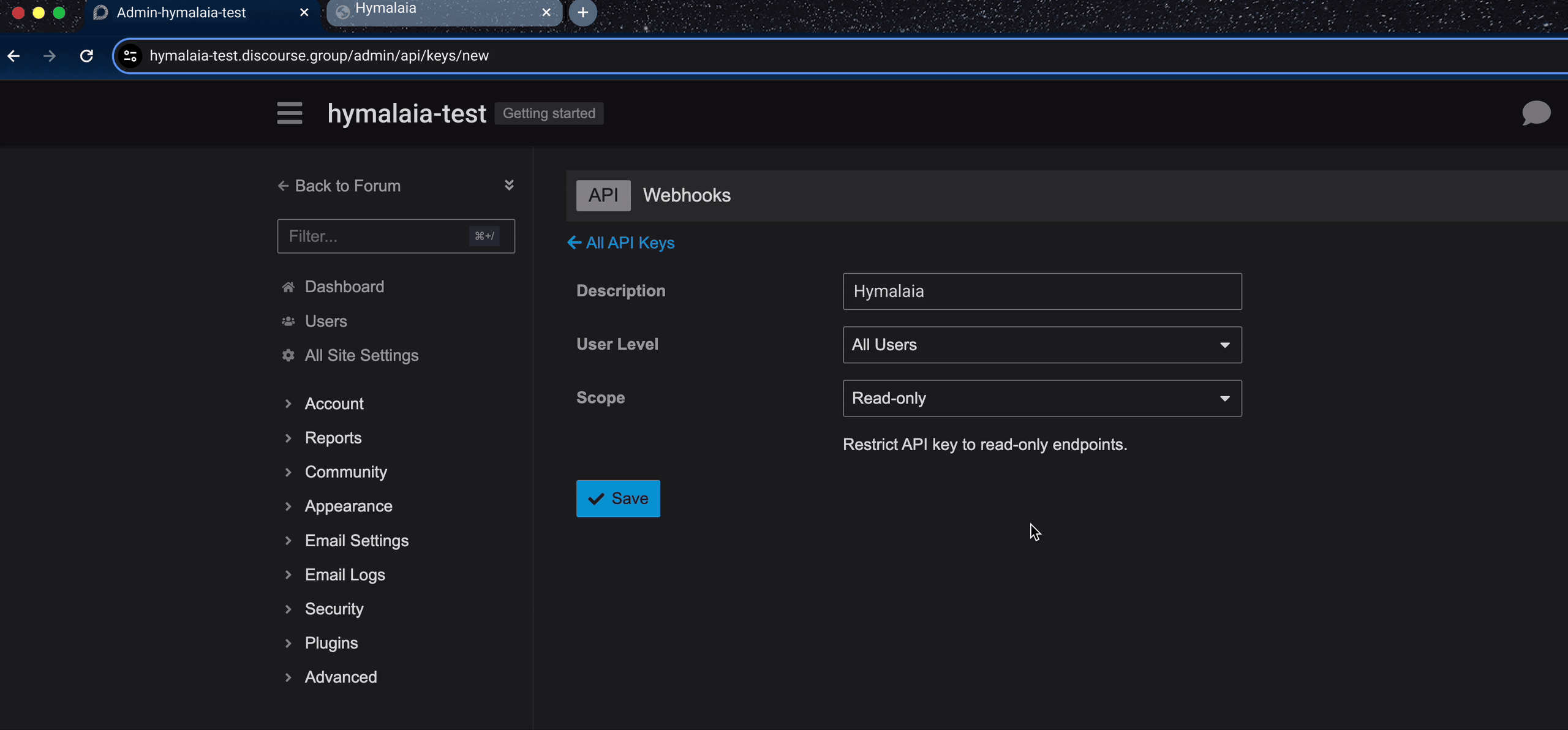 Create and copy API key