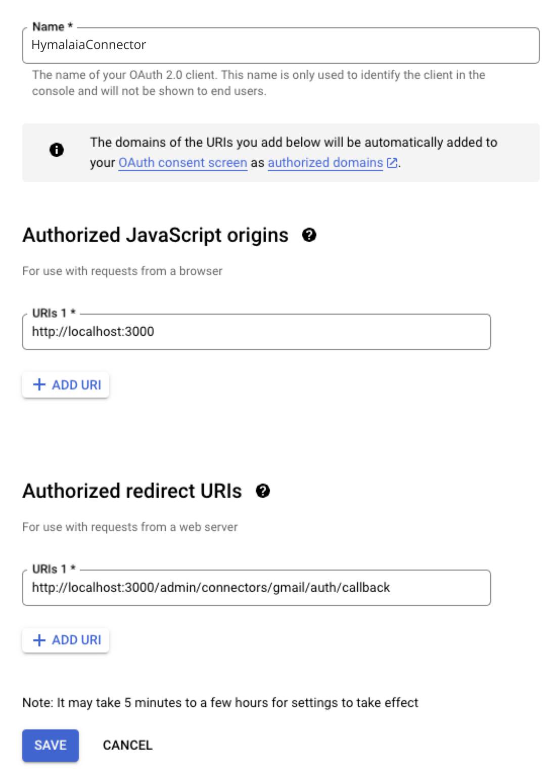 Authorized origins and redirect URIs for Gmail OAuth client