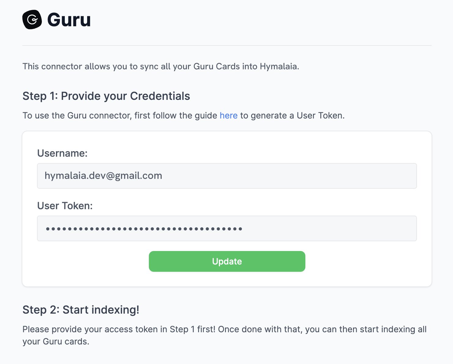 Hymalaia Guru connector credentials form with username and access token