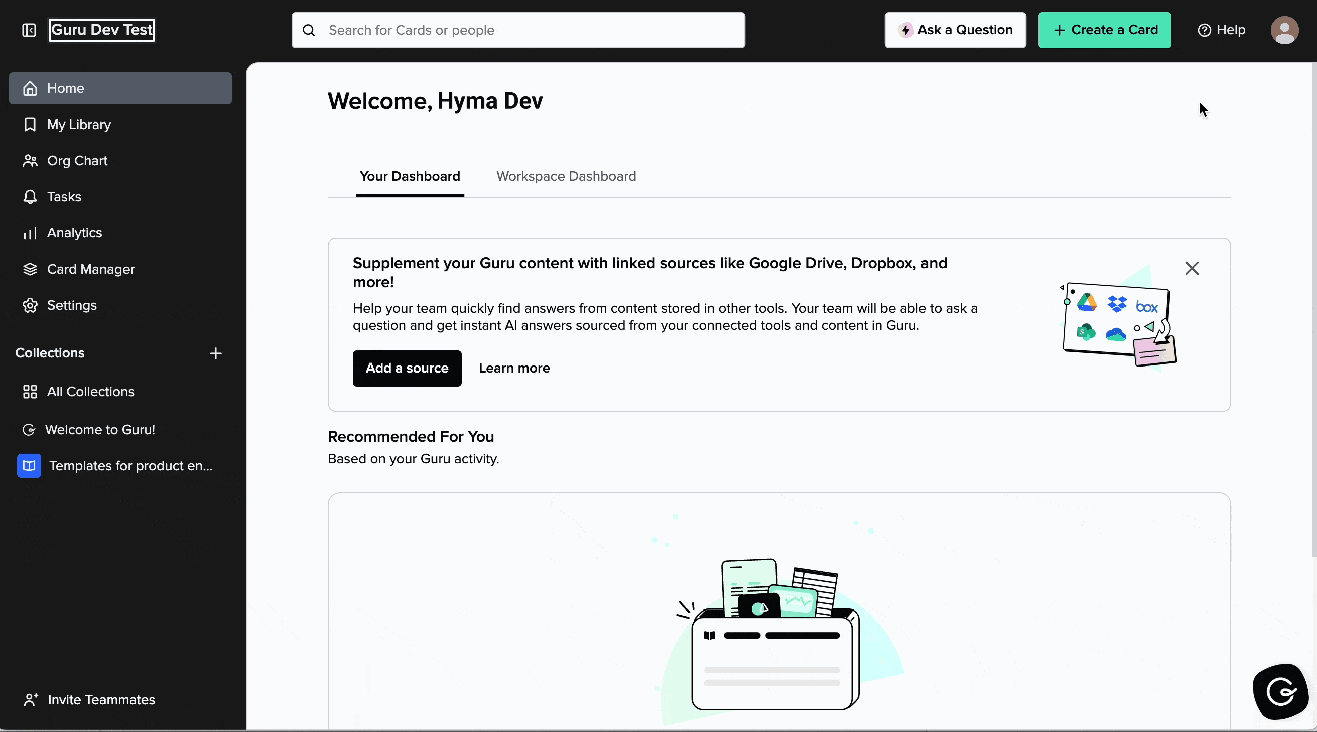 Guru API dashboard steps to create a User Access Token