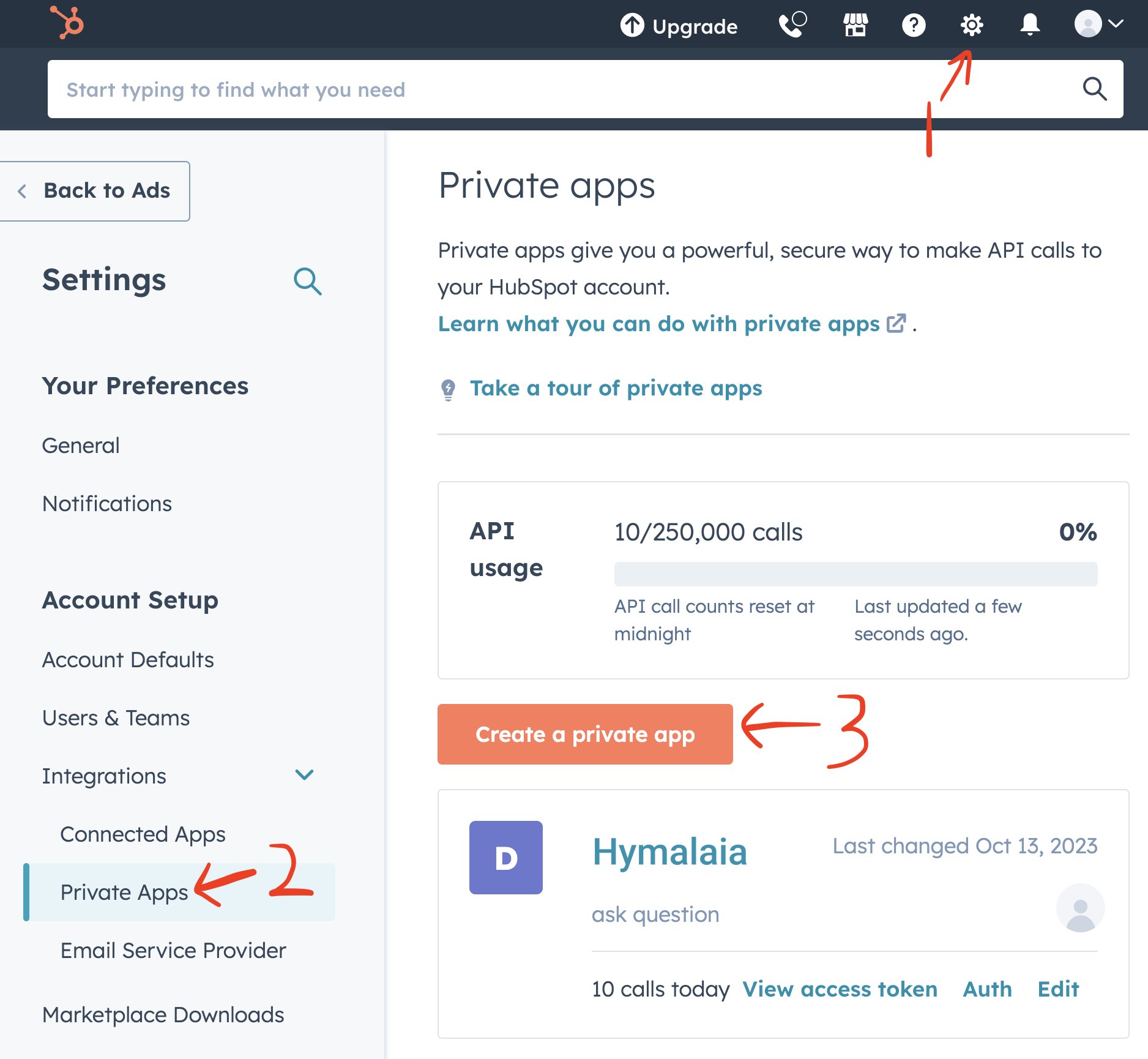 Creating a Private App in HubSpot settings