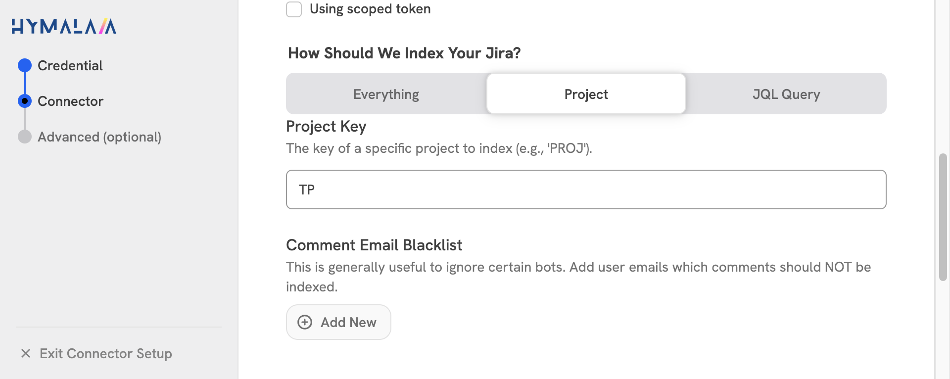 Jira connector indexing modes, project key, and comment email blacklist