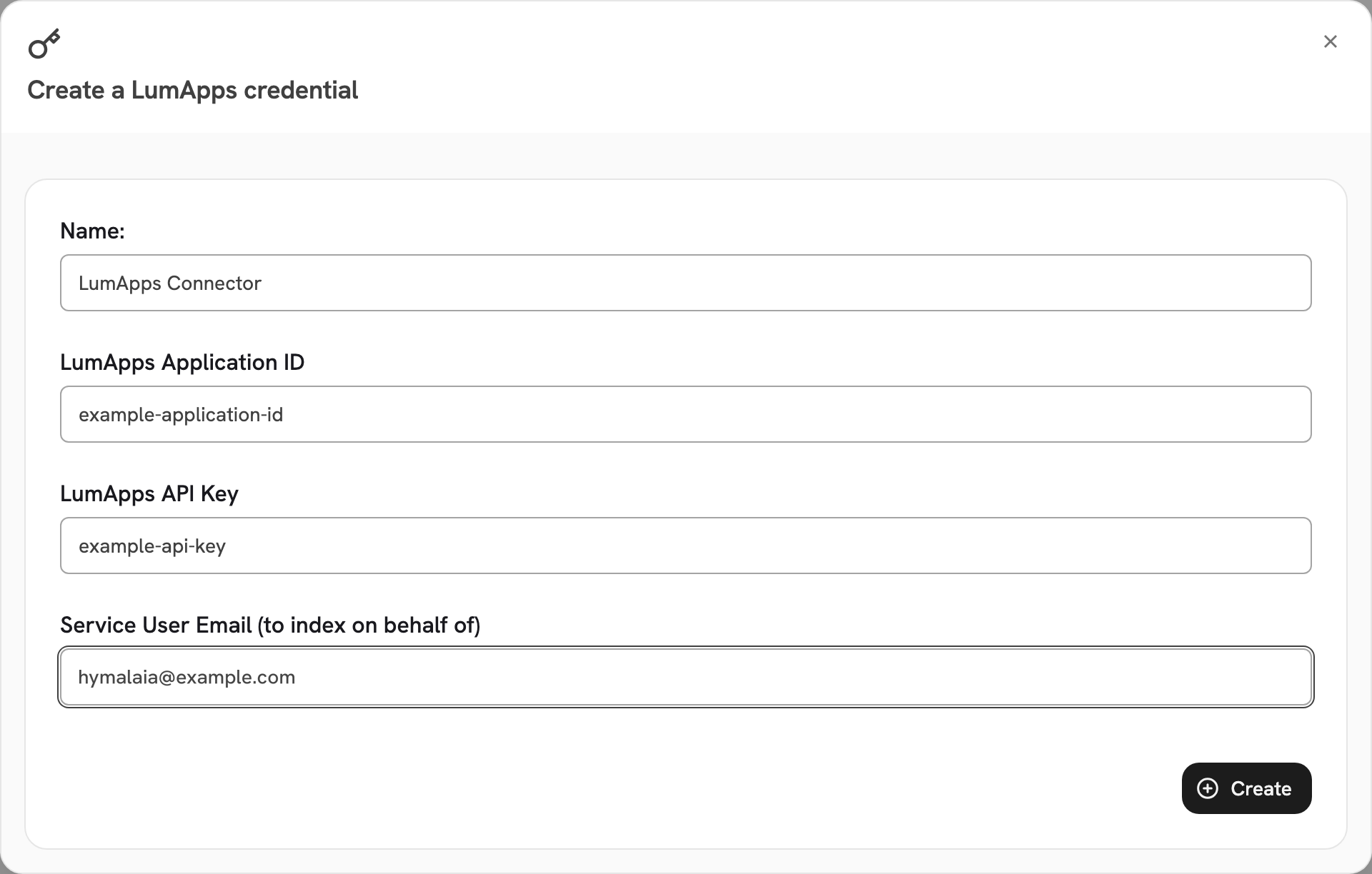 Create a LumApps credential with an application ID, API key and service user
