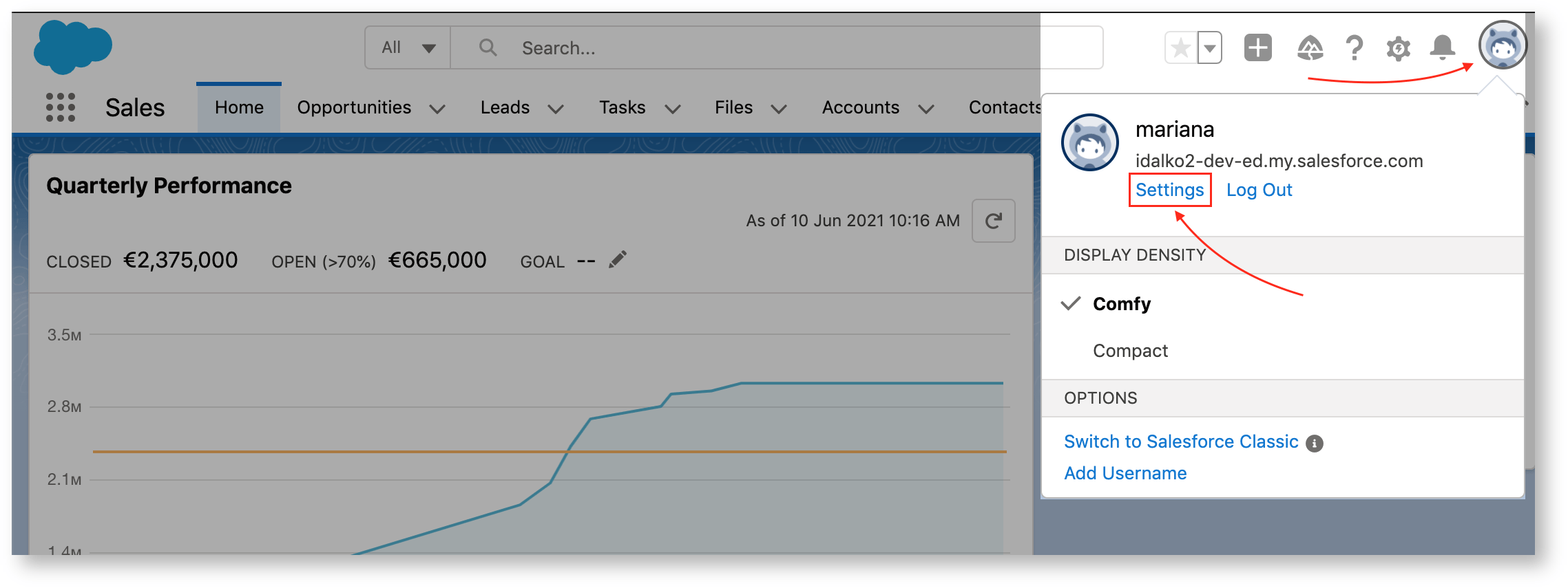 The Salesforce avatar menu, with Settings highlighted