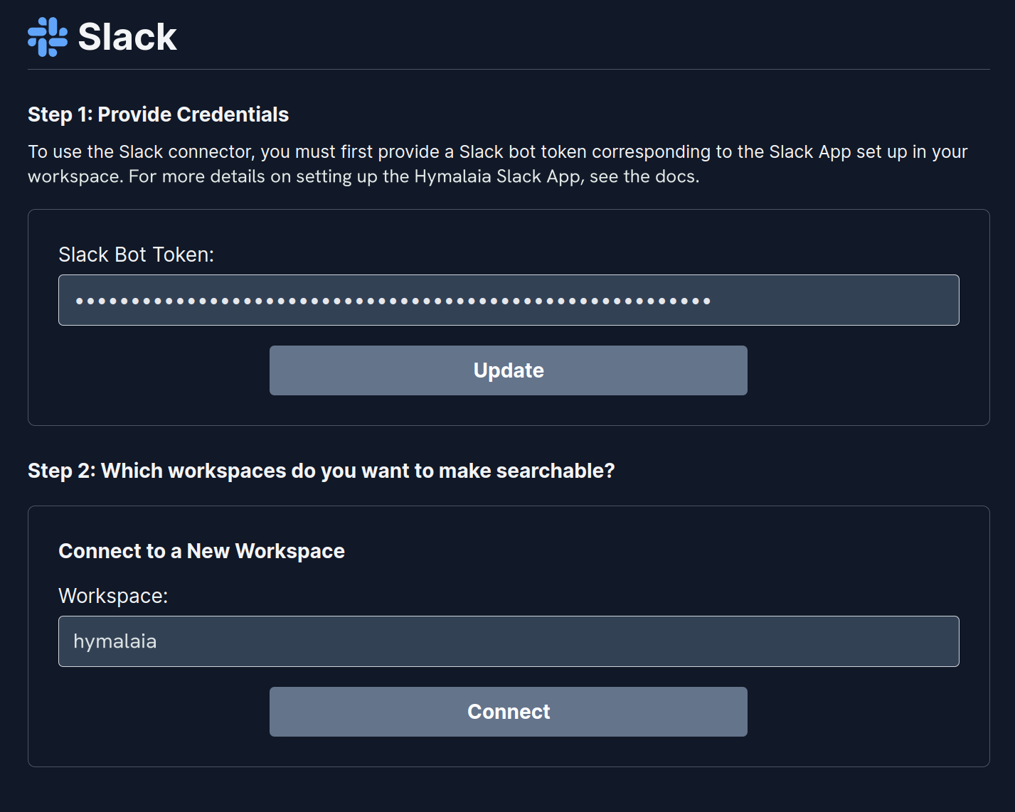Hymalaia Slack connector settings showing Bot User OAuth Token input