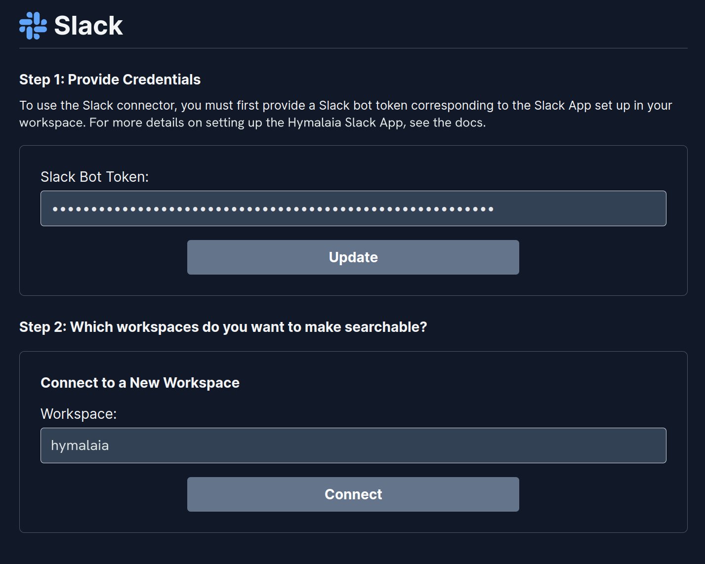 Hymalaia Slack connector settings showing Bot User OAuth Token input