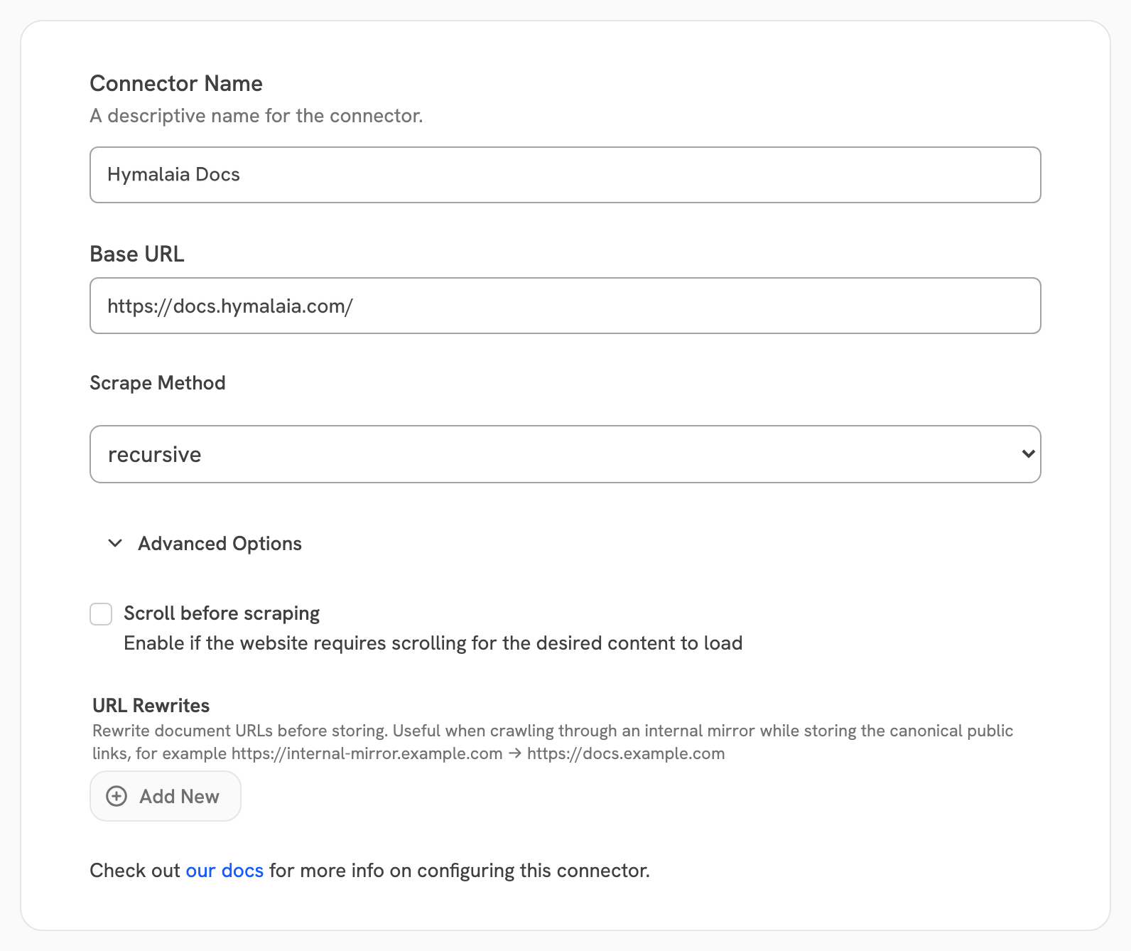 Web connector advanced options with Scroll before scraping and URL Rewrites