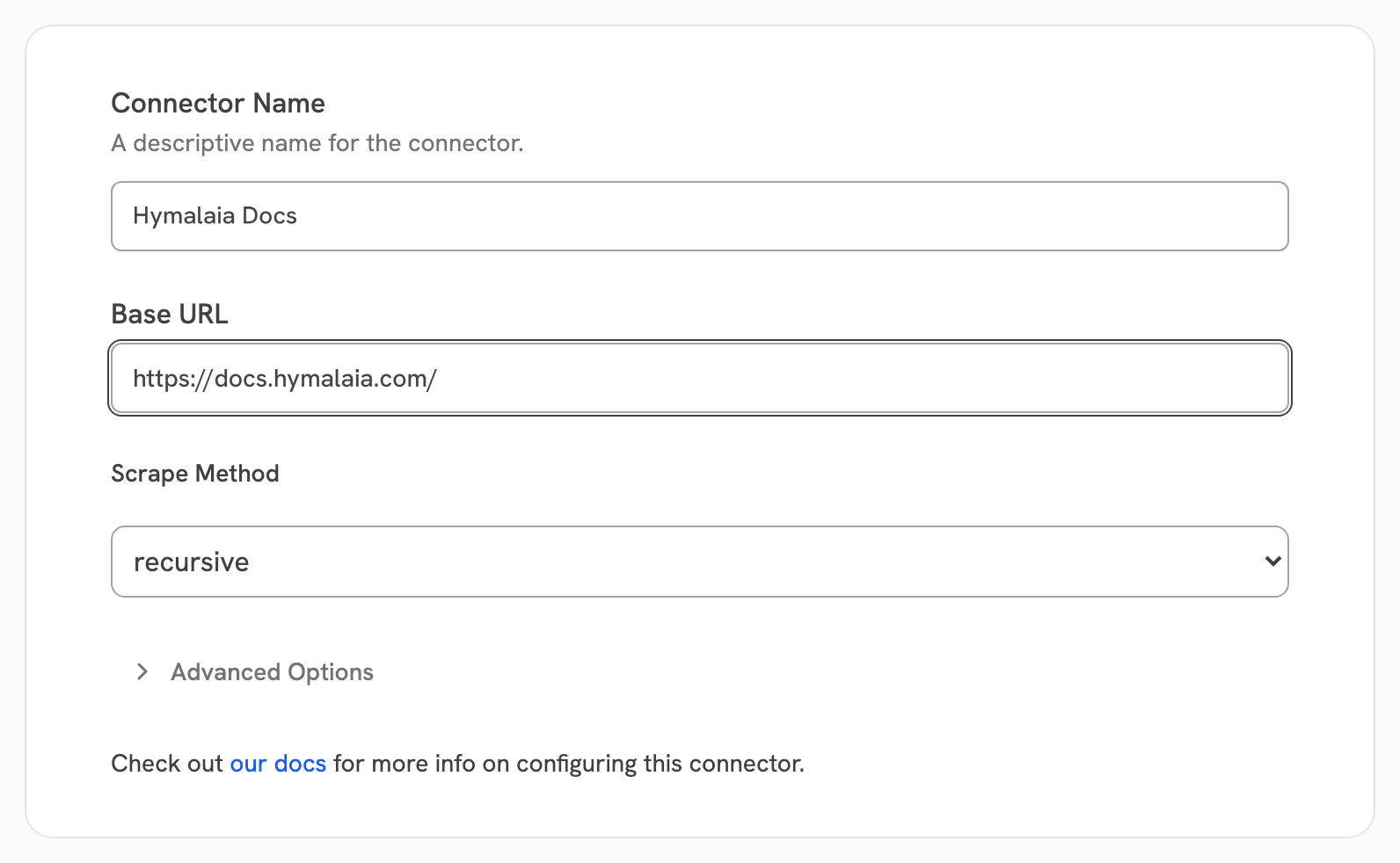 Hymalaia Web connector form with a base URL and the recursive scrape method
