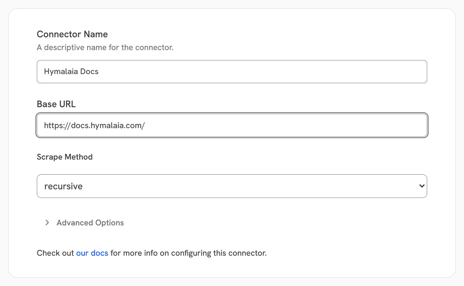 Hymalaia Web connector form with a base URL and the recursive scrape method