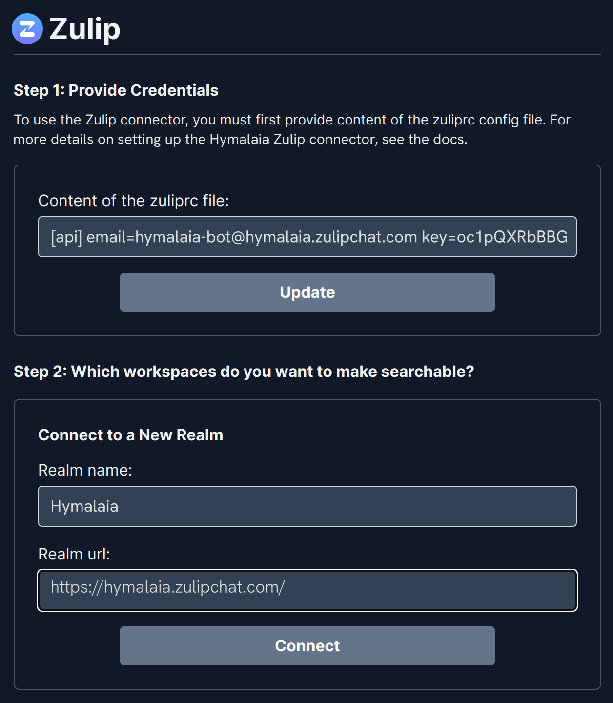 Hymalaia Zulip connector configuration with realm, URL, and zuliprc