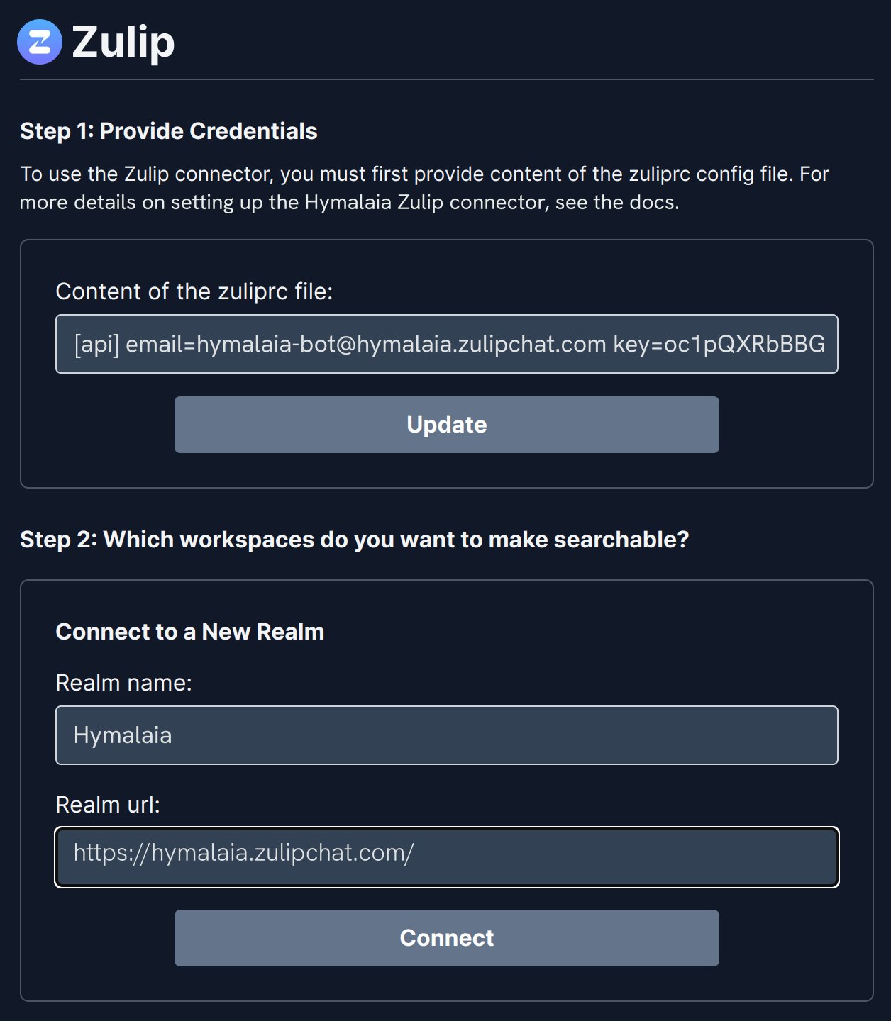 Hymalaia Zulip connector configuration with realm, URL, and zuliprc