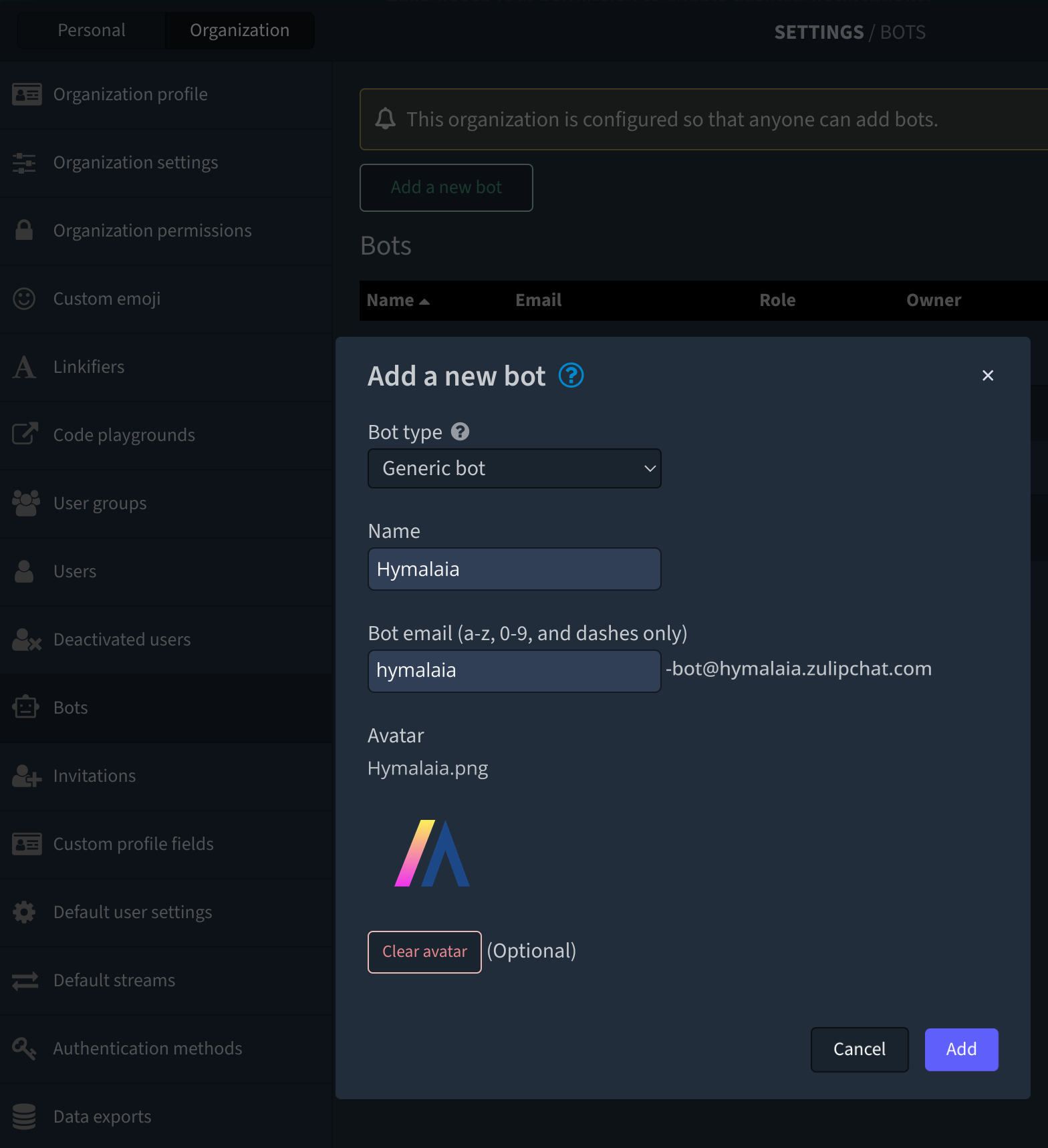 Creating a bot user in Zulip settings