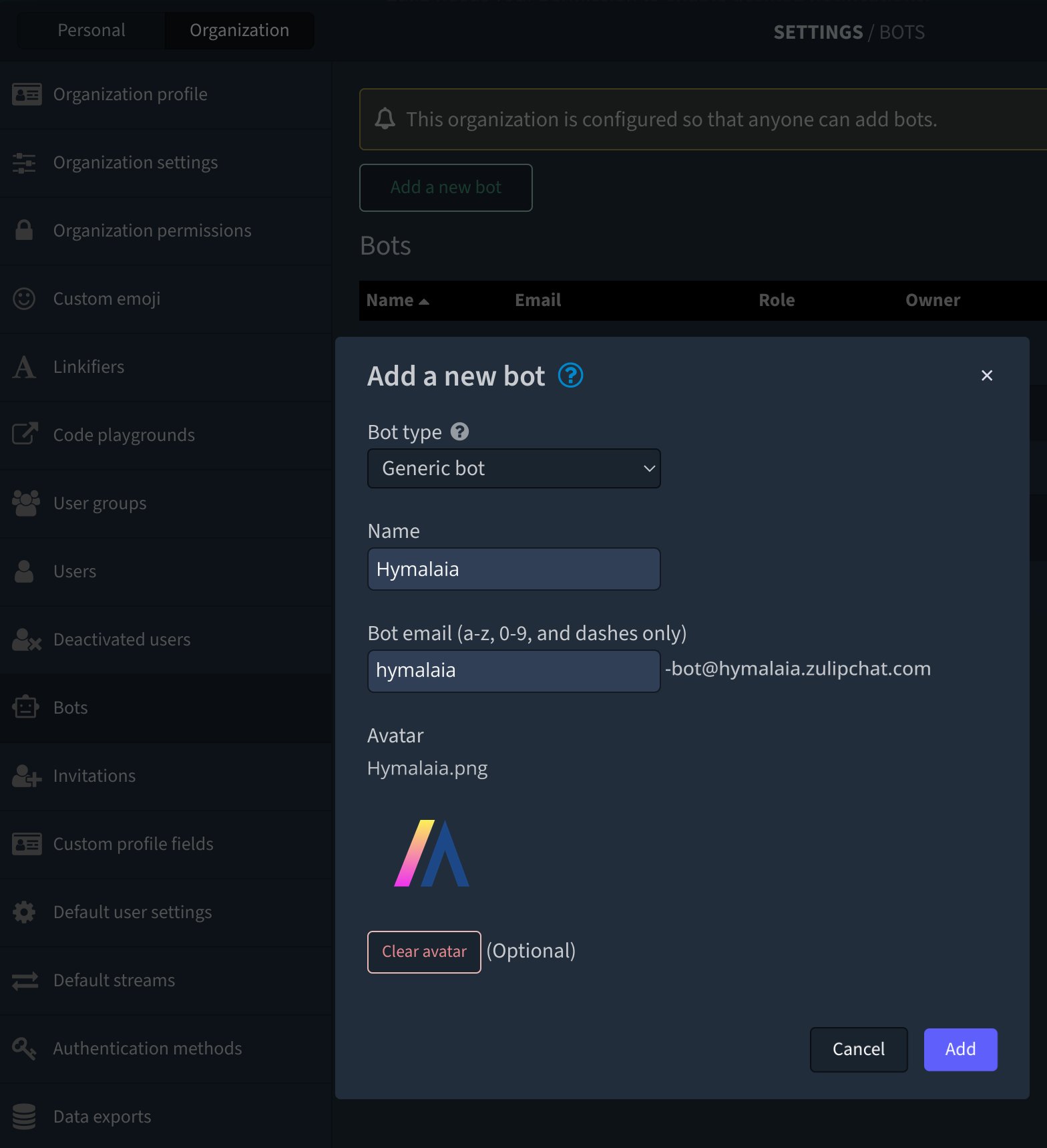 Creating a bot user in Zulip settings