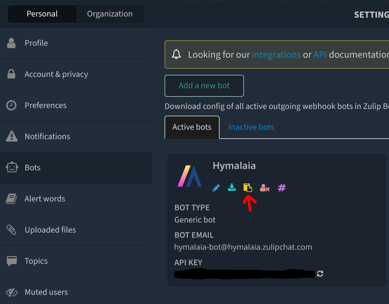 Zulip bot page highlighting the zuliprc configuration download