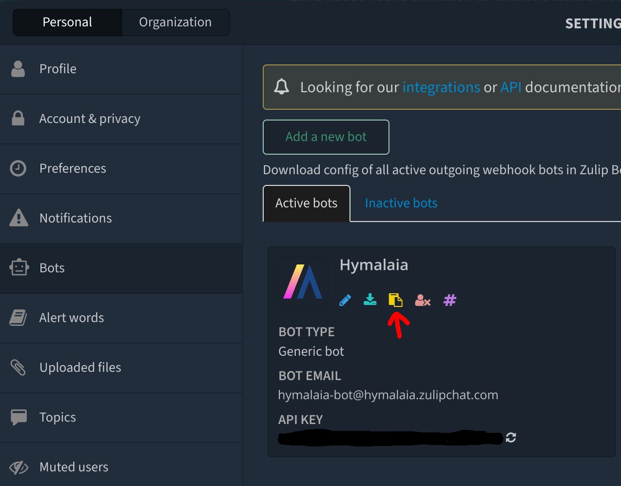 Zulip bot page highlighting the zuliprc configuration download