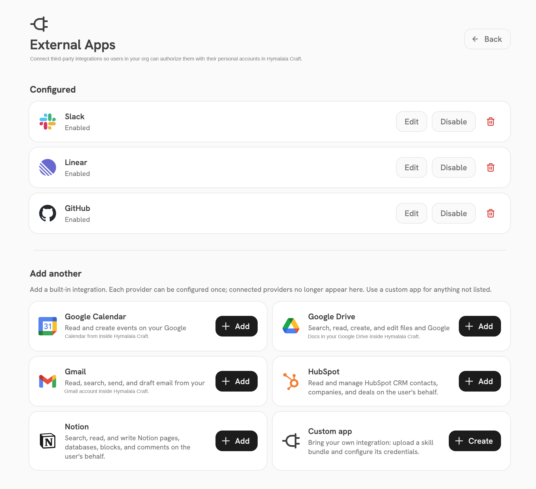 The Craft Apps page showing connected apps and another app available to connect