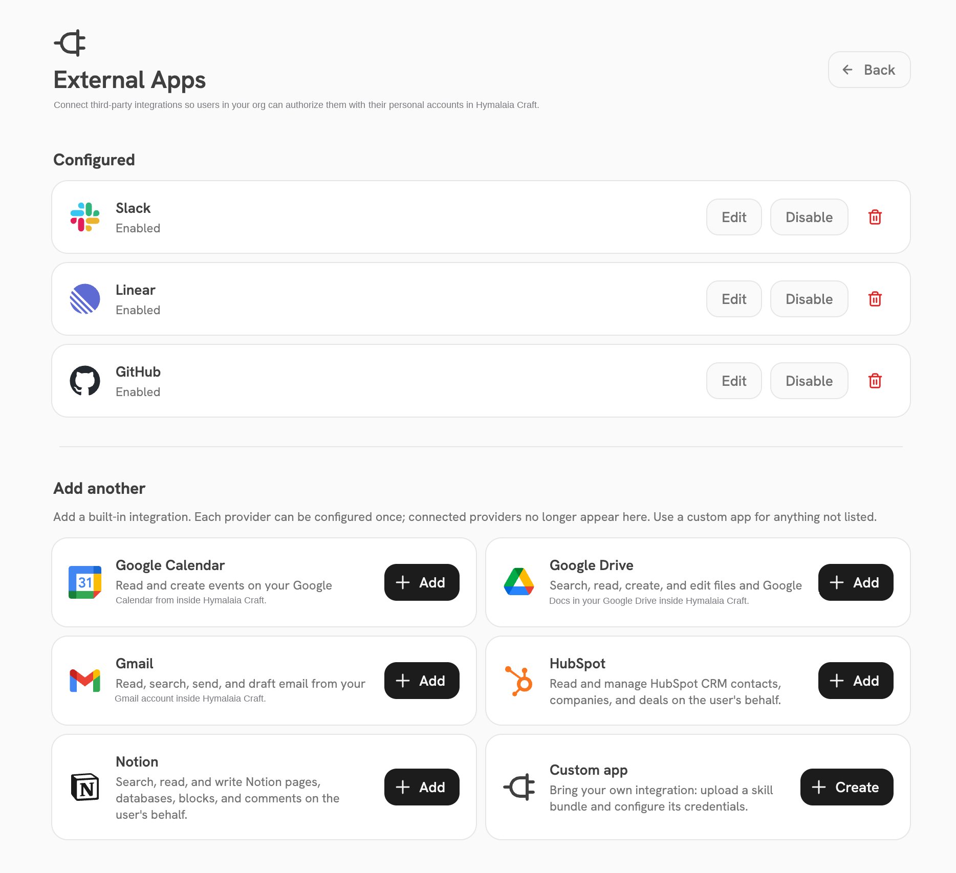 The Craft Apps page showing connected apps and another app available to connect