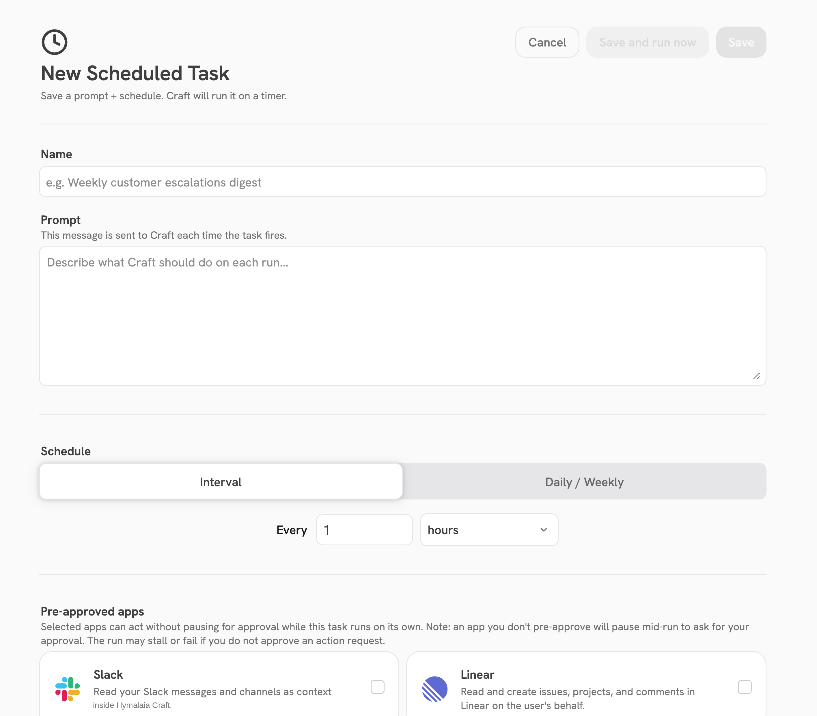 The New Scheduled Task form with name, prompt, schedule, and pre-approved Apps