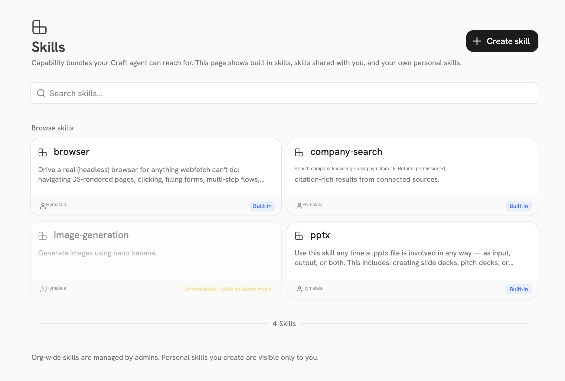 The Skills page in Craft