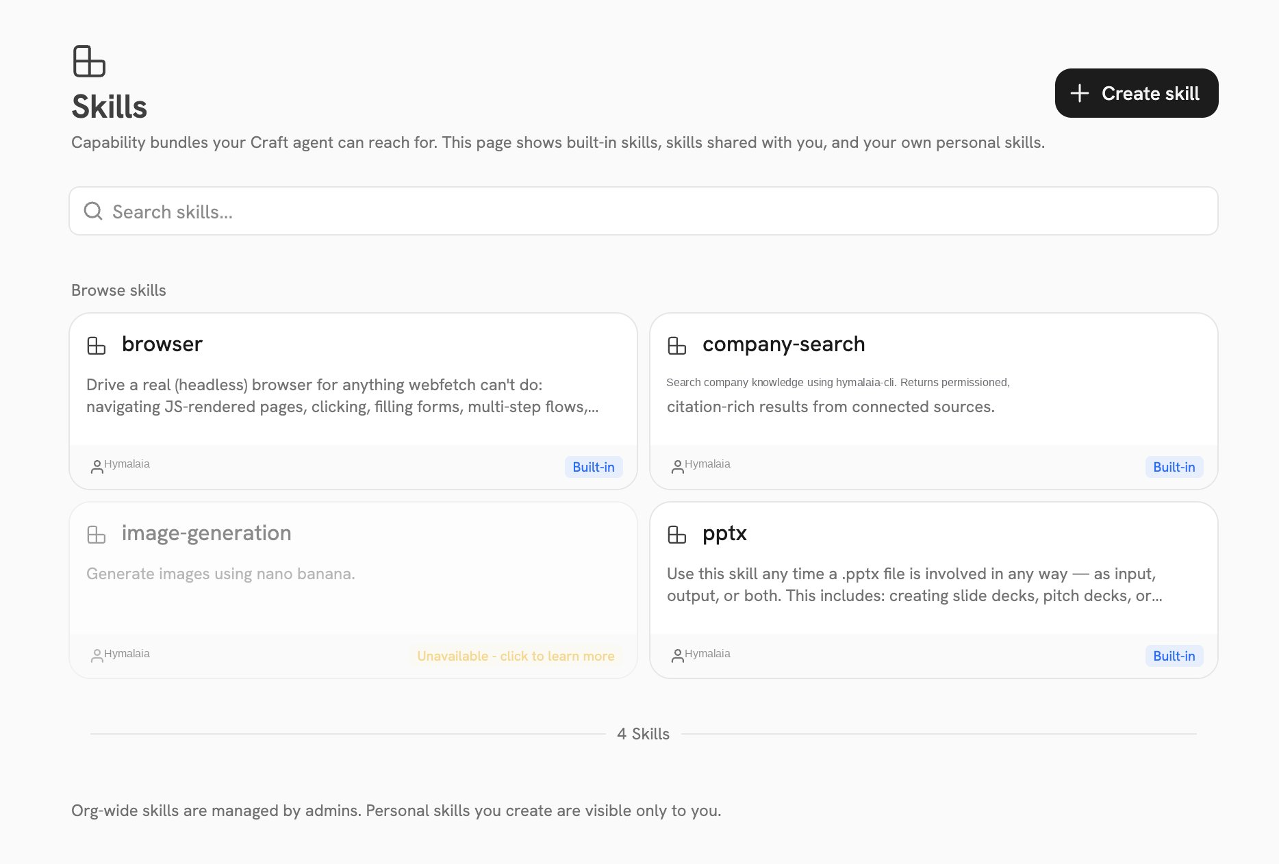 The Skills page in Craft