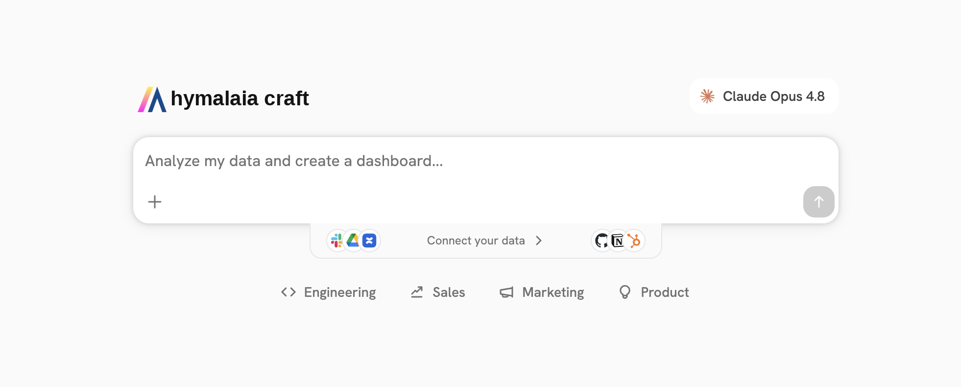 The Craft home screen with the prompt box, model selector, and links to connect data sources