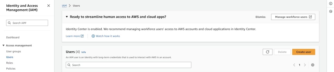 AWS IAM dashboard with Users section for creating a user
