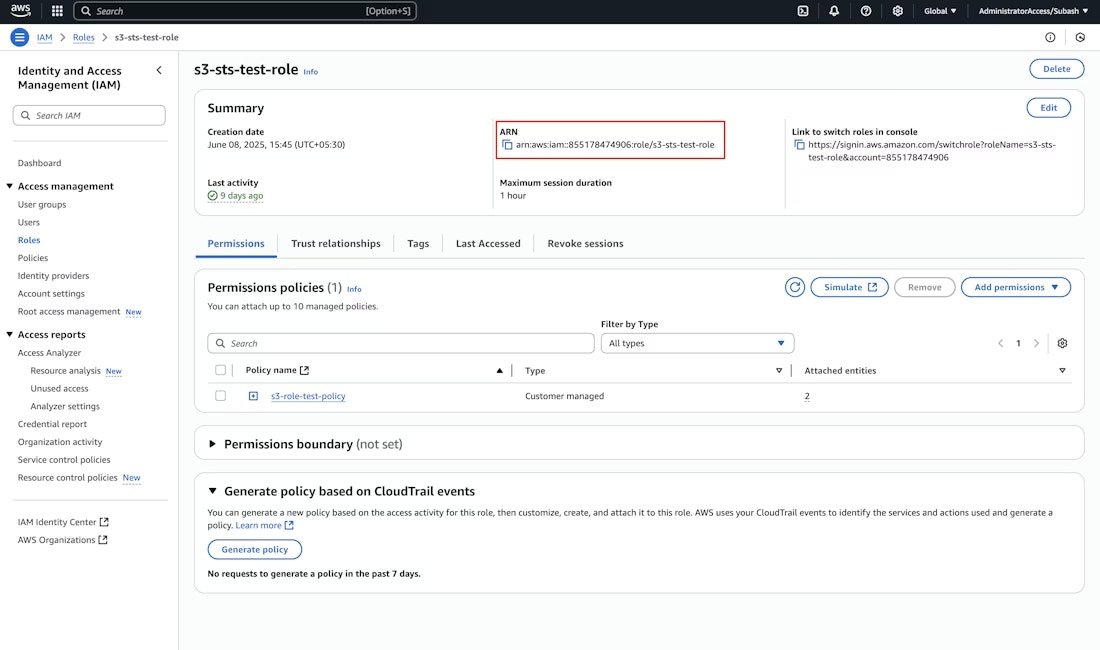 Diagram of page where role arn can be copied