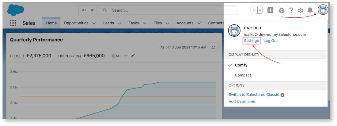 Salesforce user menu showing path to Settings