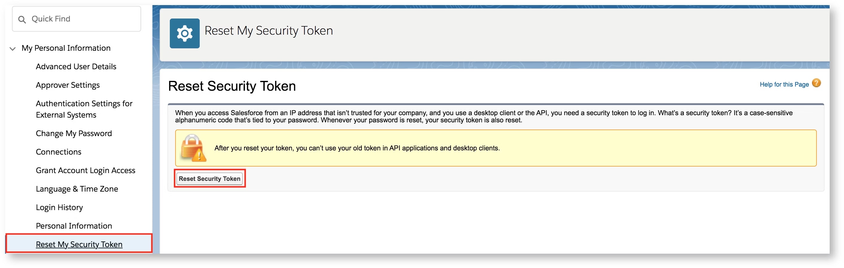 Salesforce settings highlighting Reset My Security Token