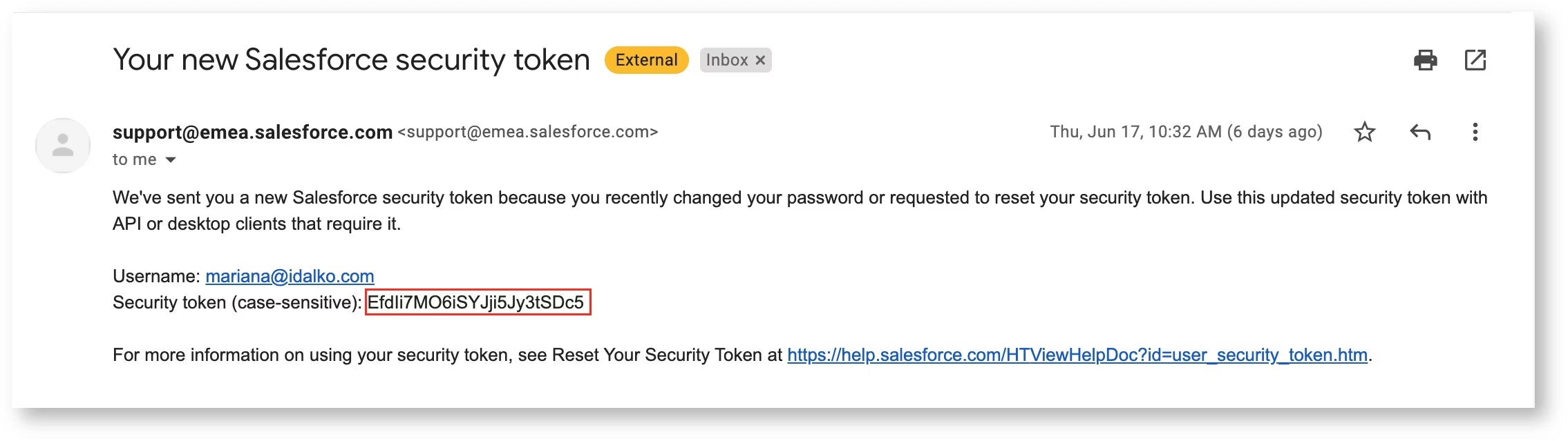 Email example showing Salesforce security token message
