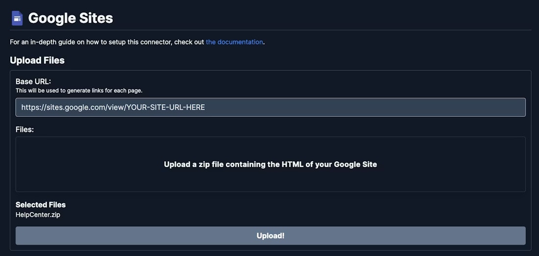 Hymalaia Google Sites connector configuration UI