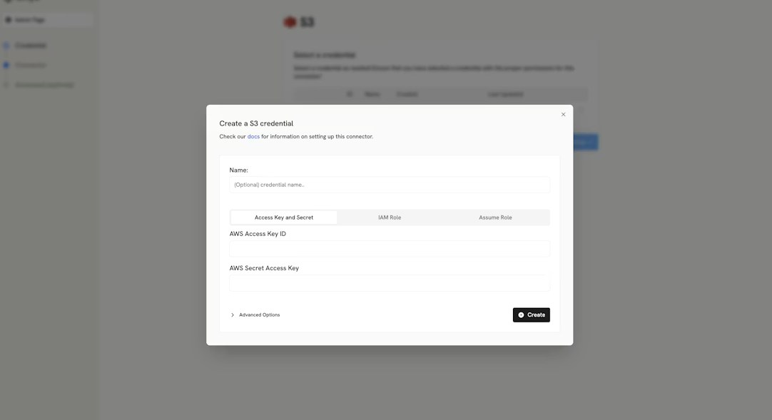 Hymalaia S3 connector configuration with Access Key ID and Secret fields