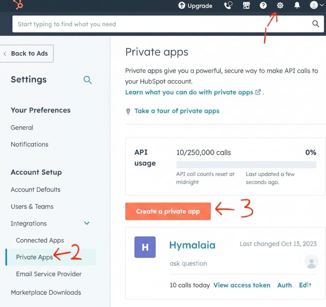 Creating a Private App in HubSpot settings