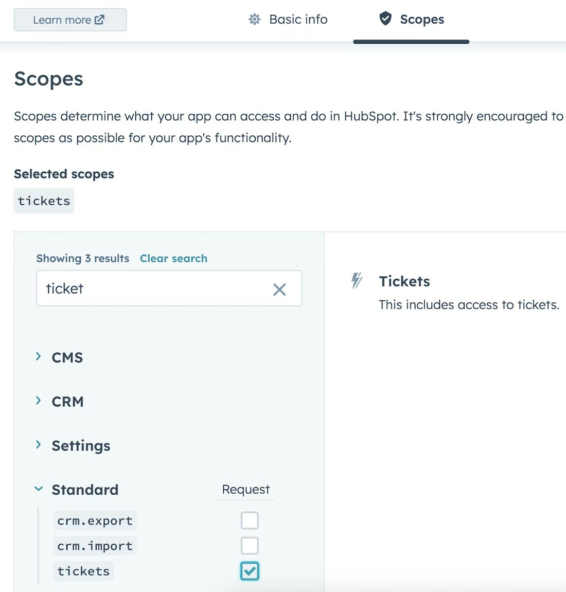 Selecting HubSpot OAuth scopes for Contacts, Companies, Deals, and Tickets