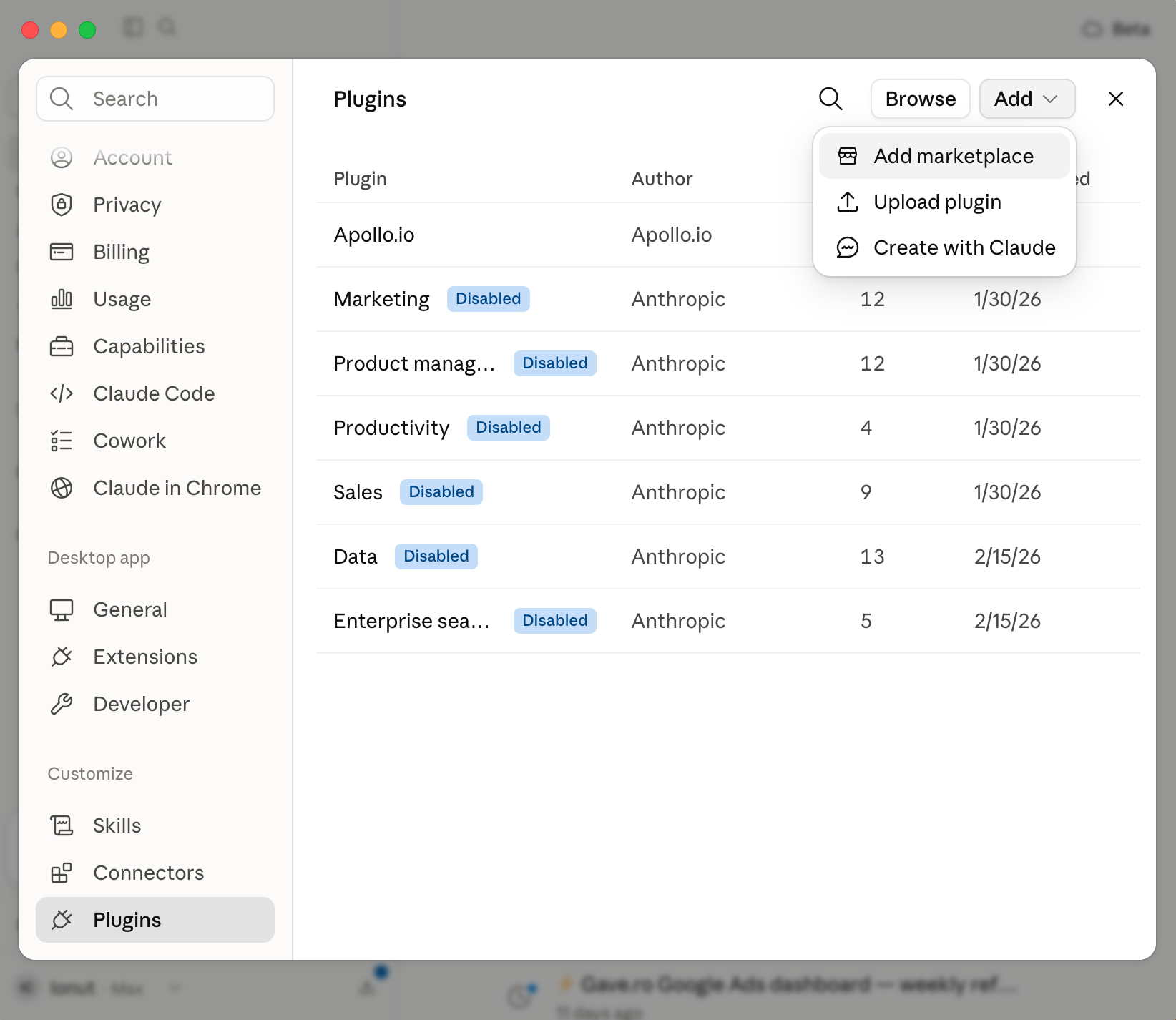 Plugins screen with the Add menu open
