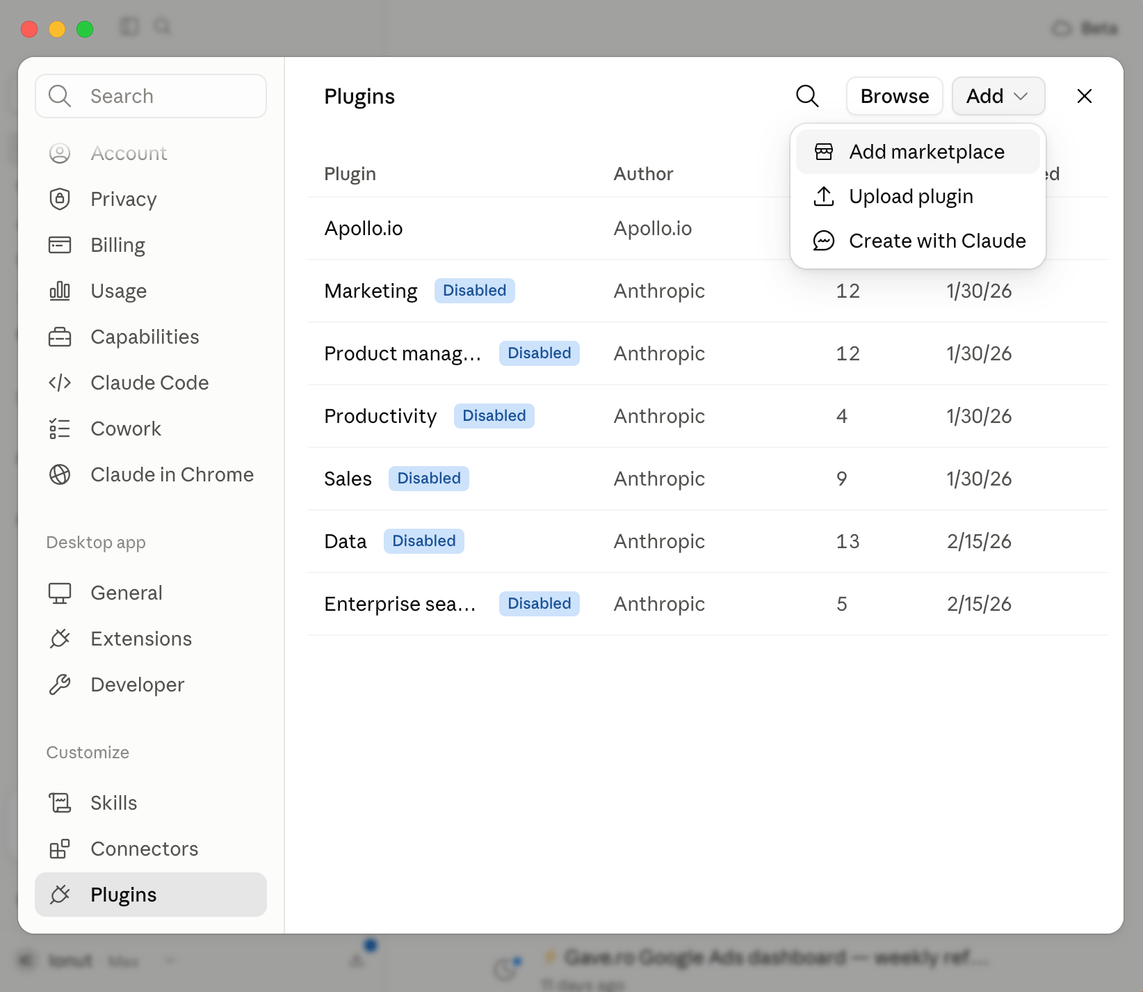 Plugins screen with the Add menu open