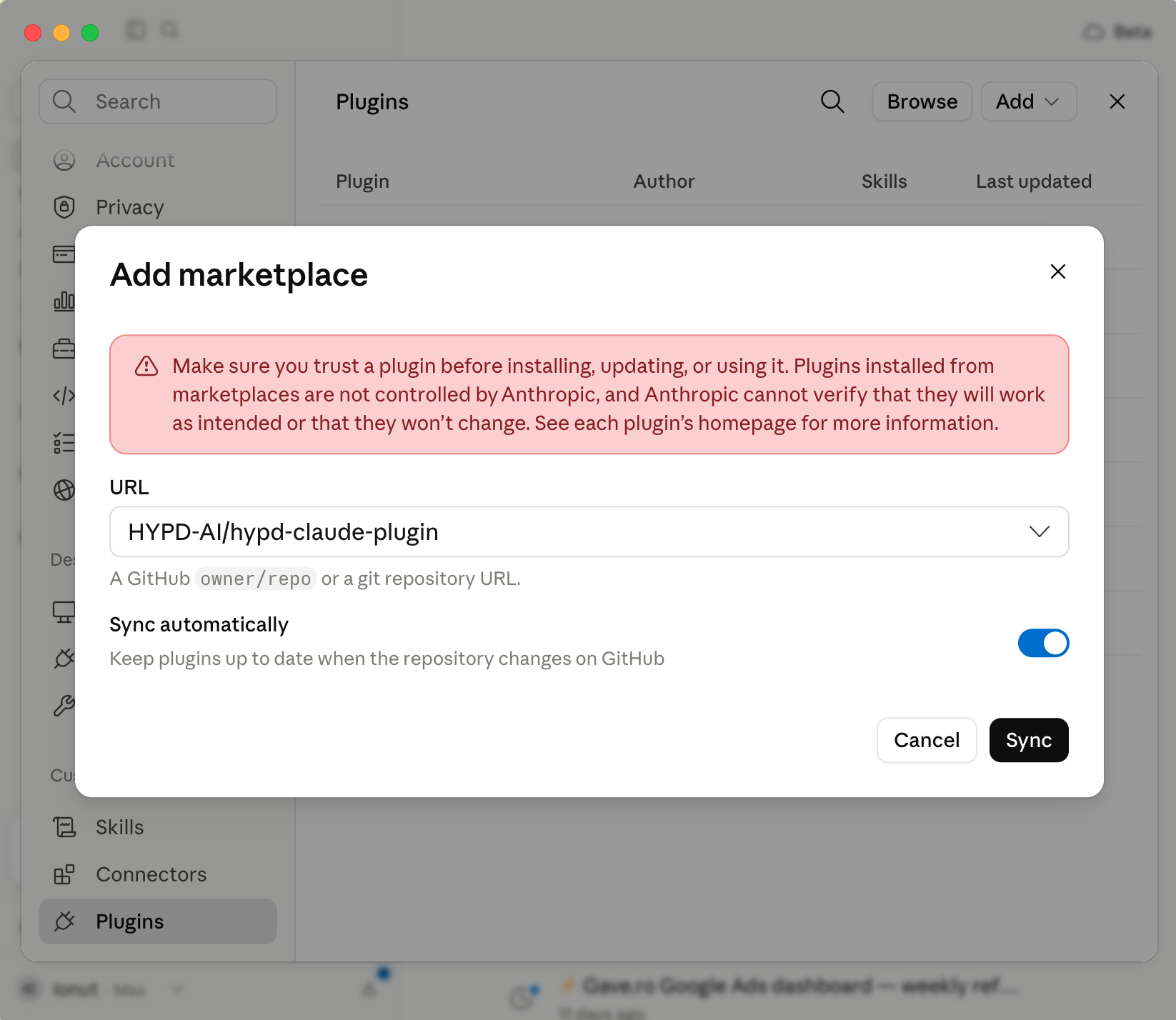 Add marketplace dialog with the HYPD repository entered