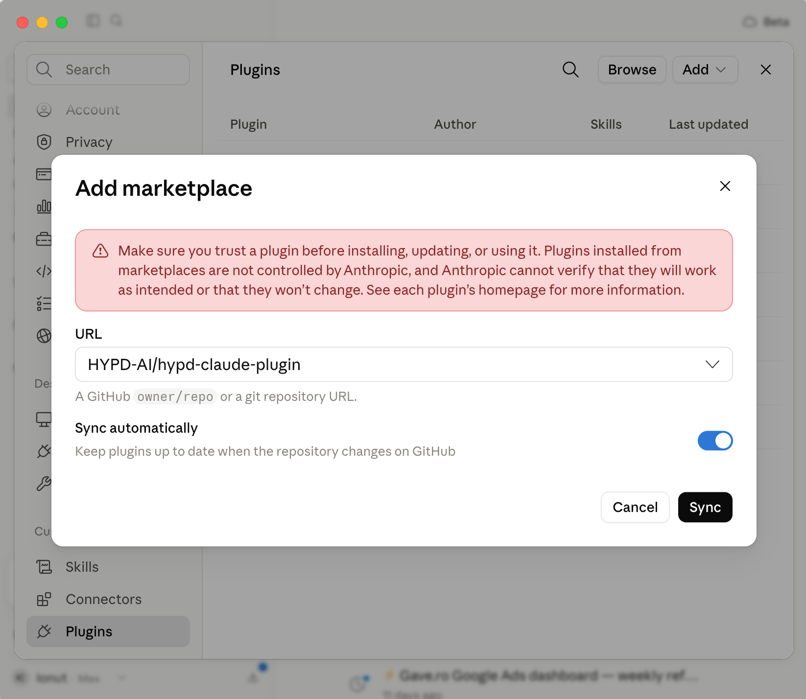 Add marketplace dialog with the HYPD repository entered