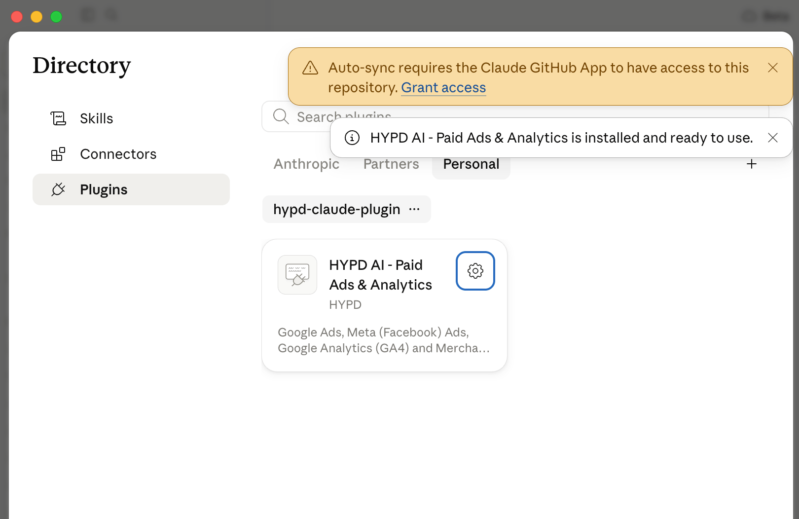 Confirmation that the plugin is installed
