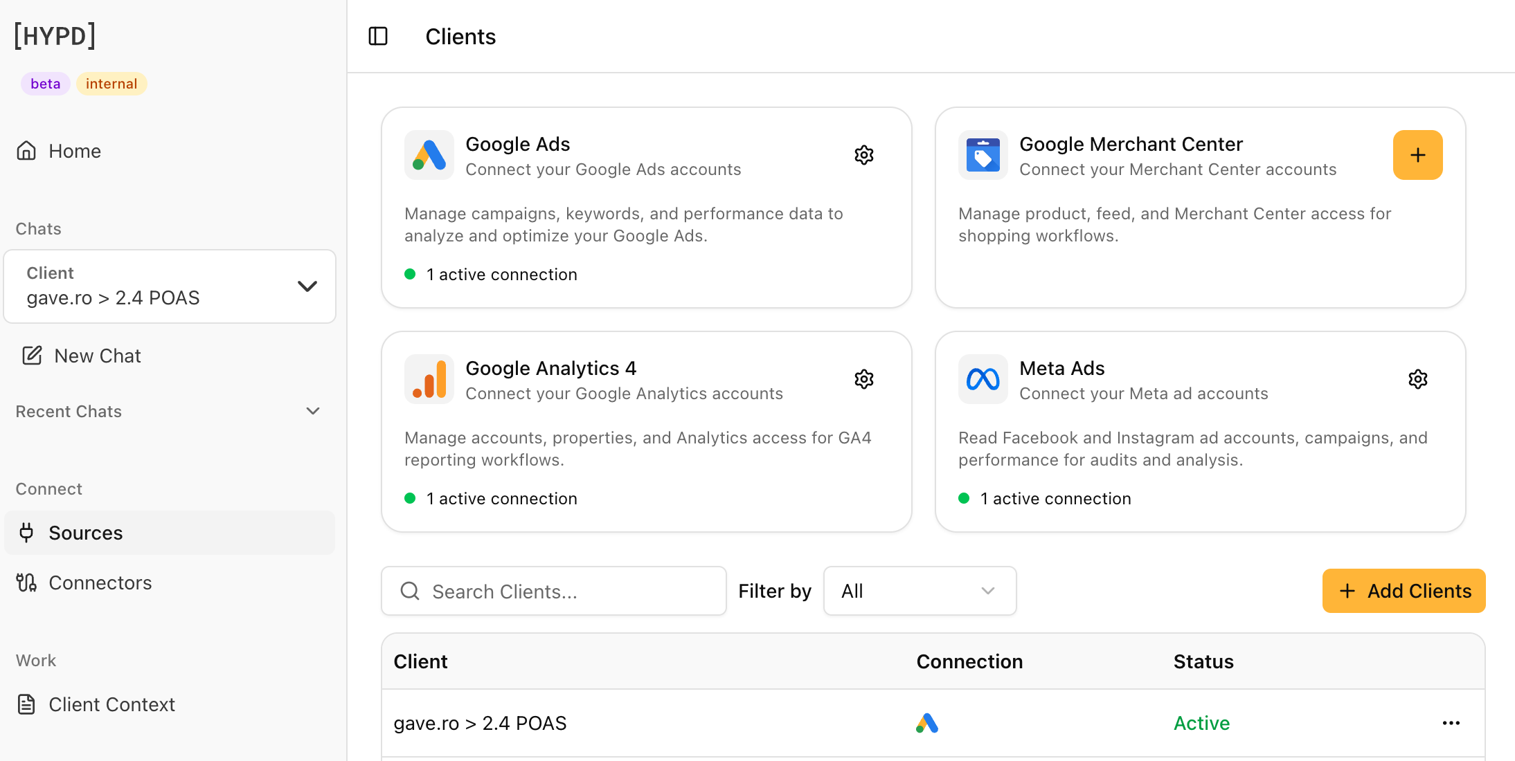 Sources page with the Google Merchant Center card
