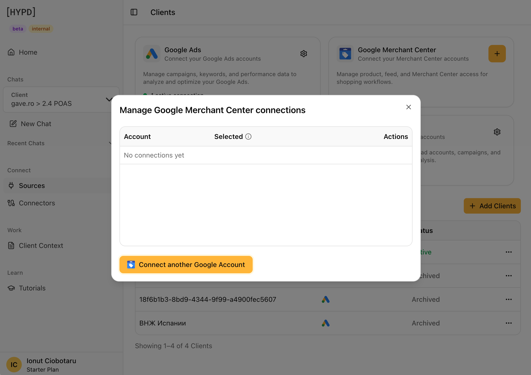 Manage Google Merchant Center connections dialog