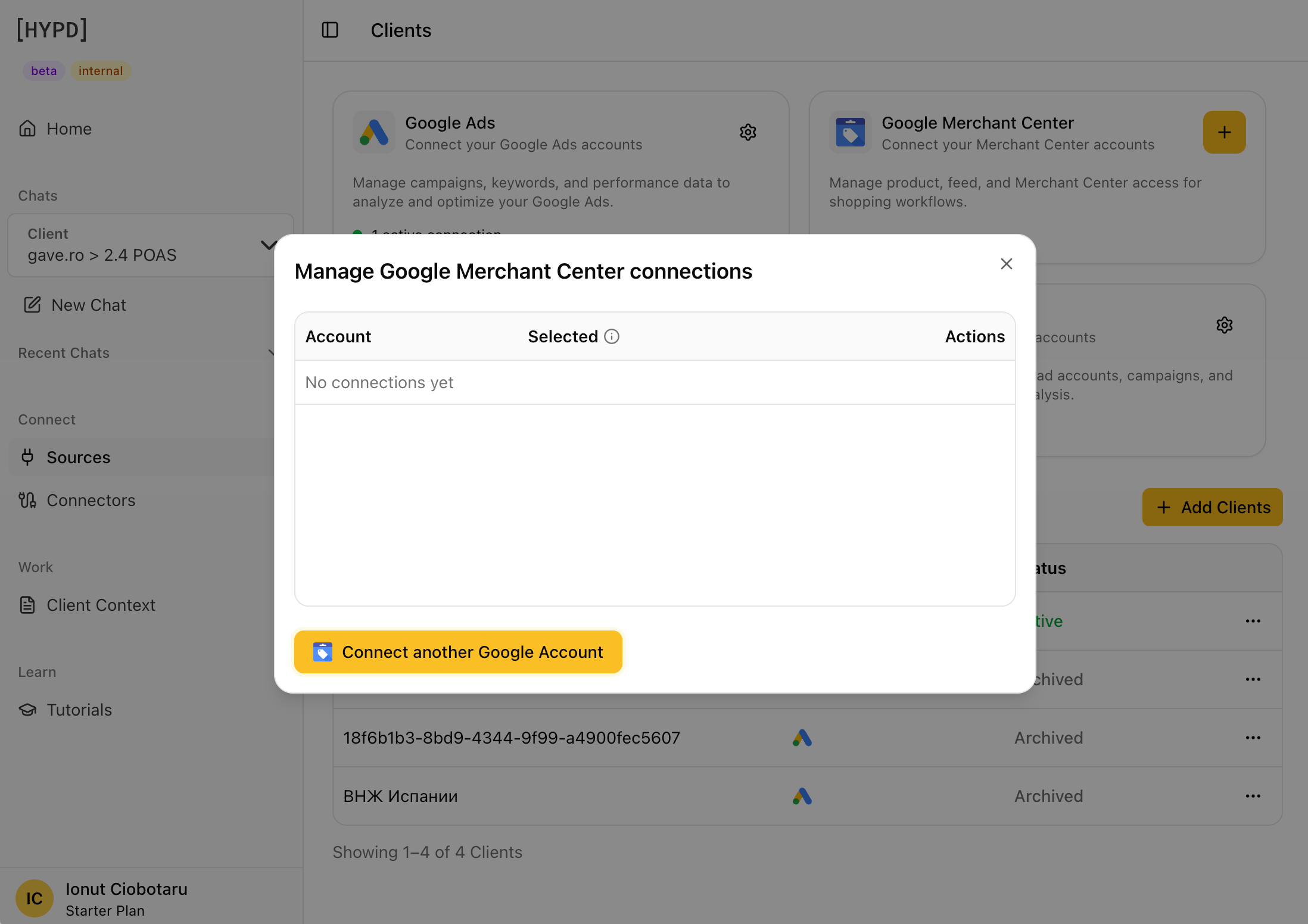 Manage Google Merchant Center connections dialog