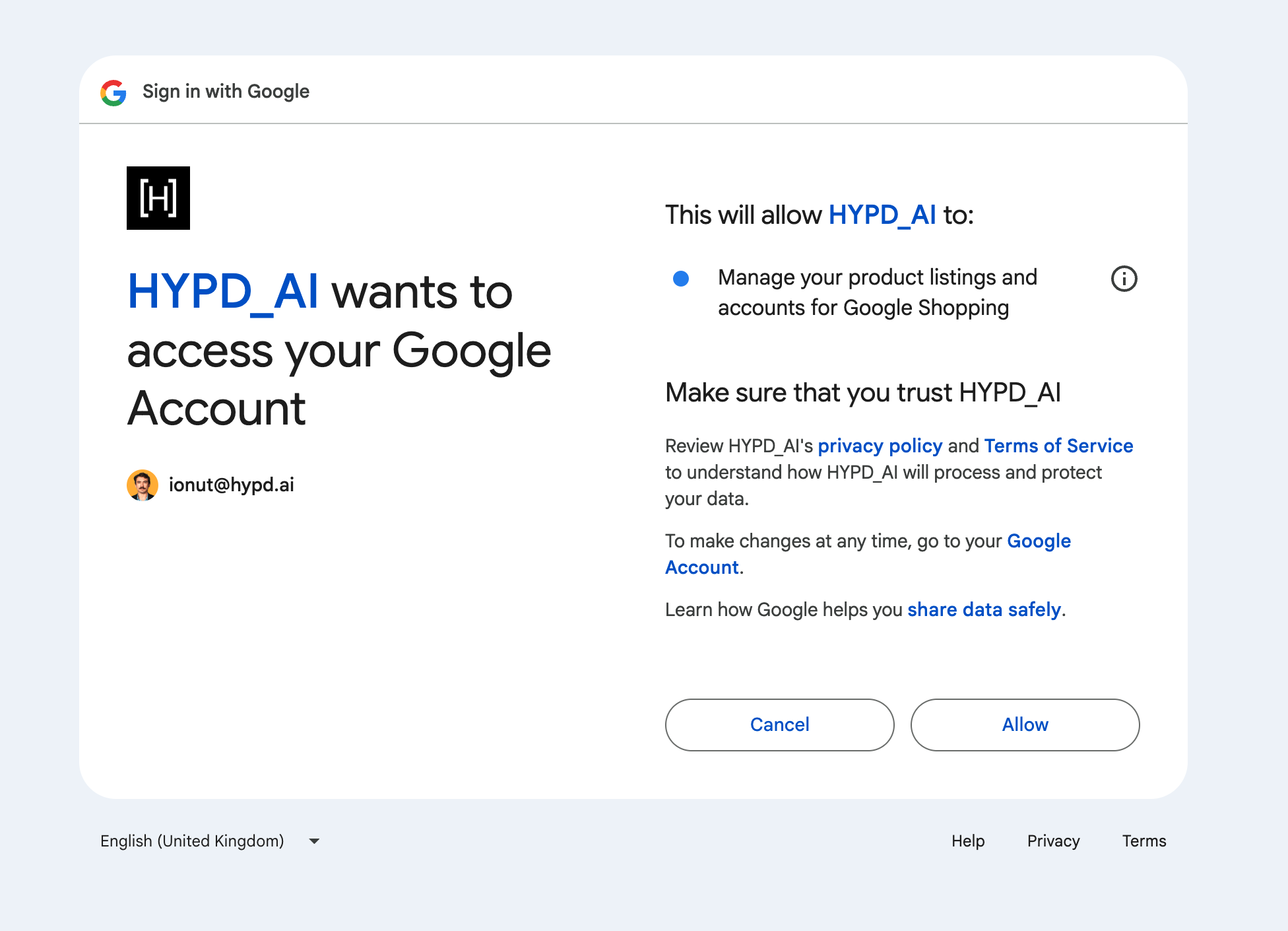 Google authorization screen showing the Merchant Center scope