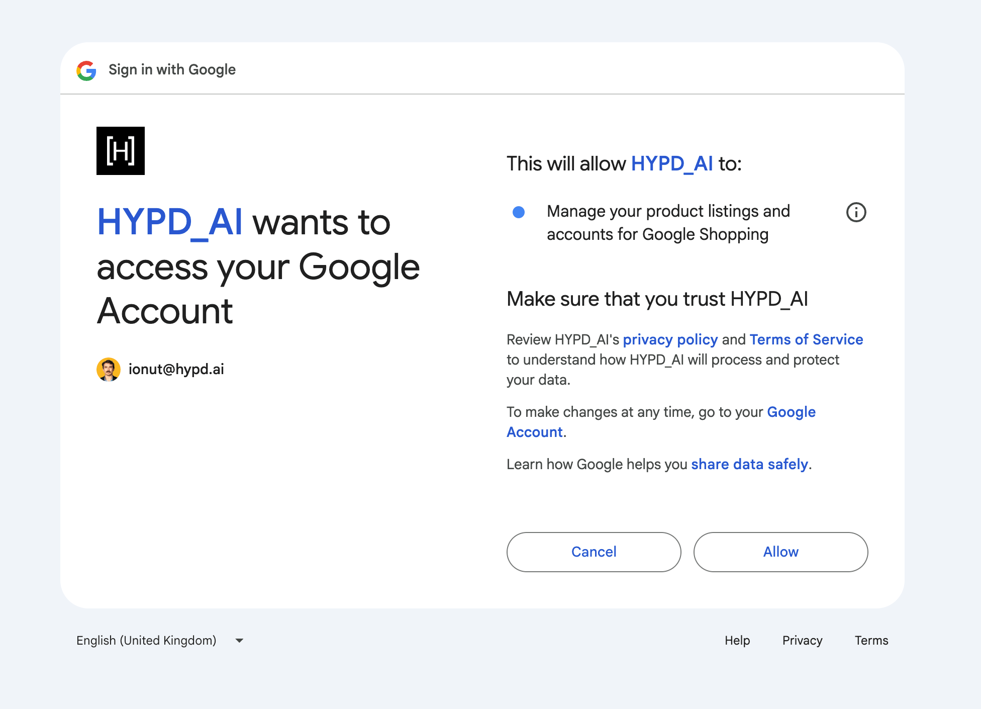 Google authorization screen showing the Merchant Center scope
