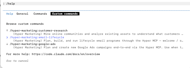 Claude Code slash command menu listing hyper-marketing skills such as google-ads and meta-ads