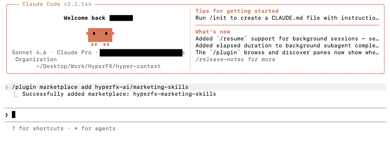 Claude Code terminal output confirming the hyperfx-ai/marketing-skills marketplace was added