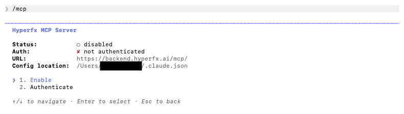 Claude Code /mcp view showing the Hyper MCP server with the Authenticate option